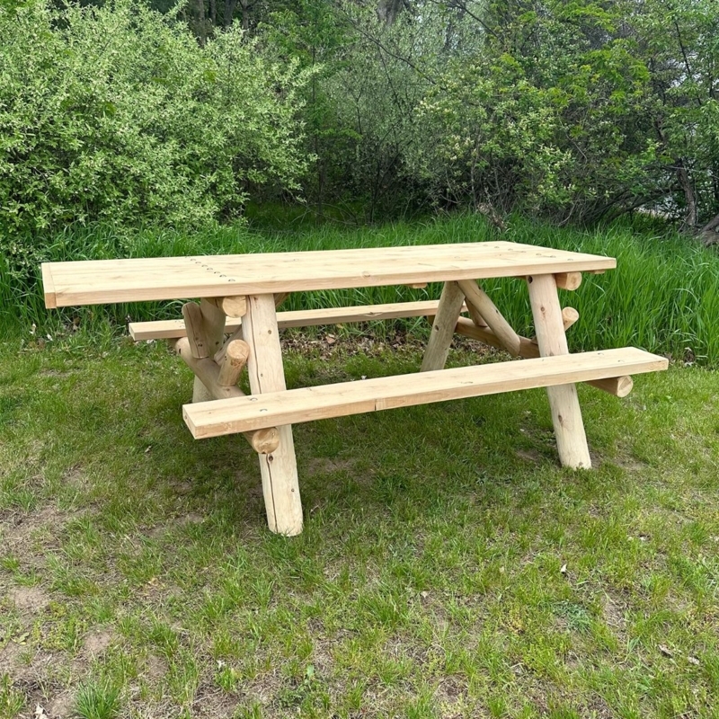 Picnic Table Rustic Log with Contoured Benches Heavy Duty