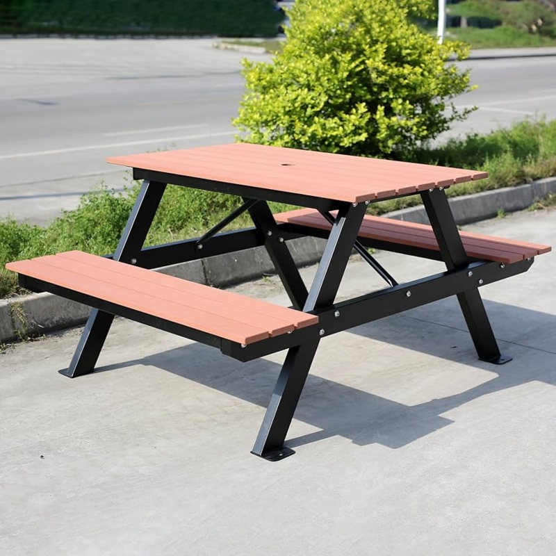 Picnic Table Set Grey Slats Umbrella Hole Trestle Base