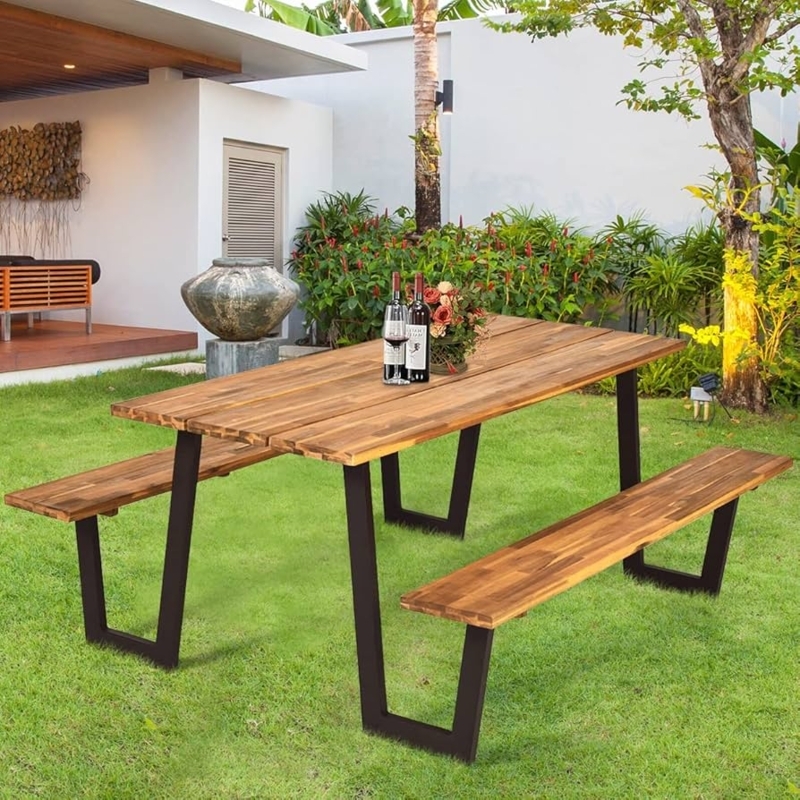 Picnic Table Set Metal Trestle Base Wood Slat Industrial