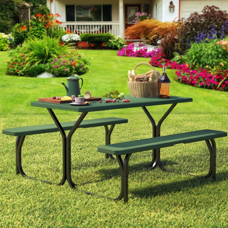 Picnic Table Weatherproof Resin Steel Frame Forest Green