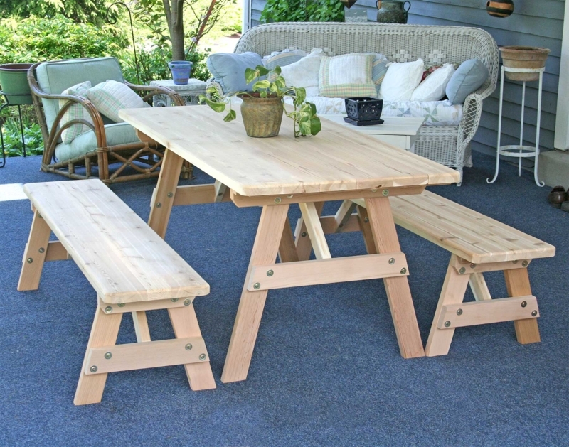 Picnic Table X-Frame Legs Red Cedar Finish Detached Benches