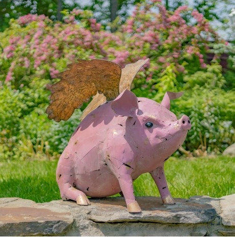 Pig Statue Brushed Gold Wings Iron Body Whimsical Garden Decor