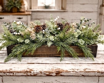 Pine Centerpiece, Wood Planter Box & Mixed Foliage (51)
