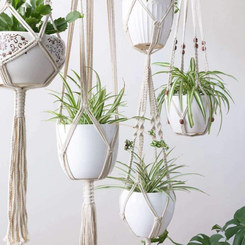 Plant Hanger Set with Macrame Knots and Tassel Fringe, Boho Hanging Display