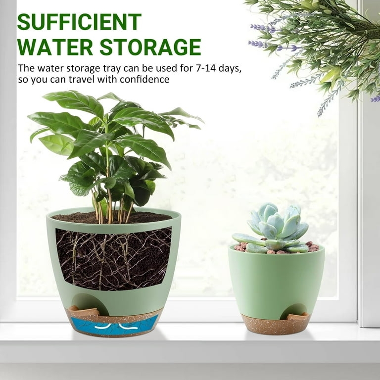 Plant Pot Set: Matte Green Plastic Planters with Self Watering Feature
