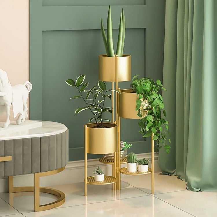 Plant Stand Three-Tier Gold Corner Design Polished Finish