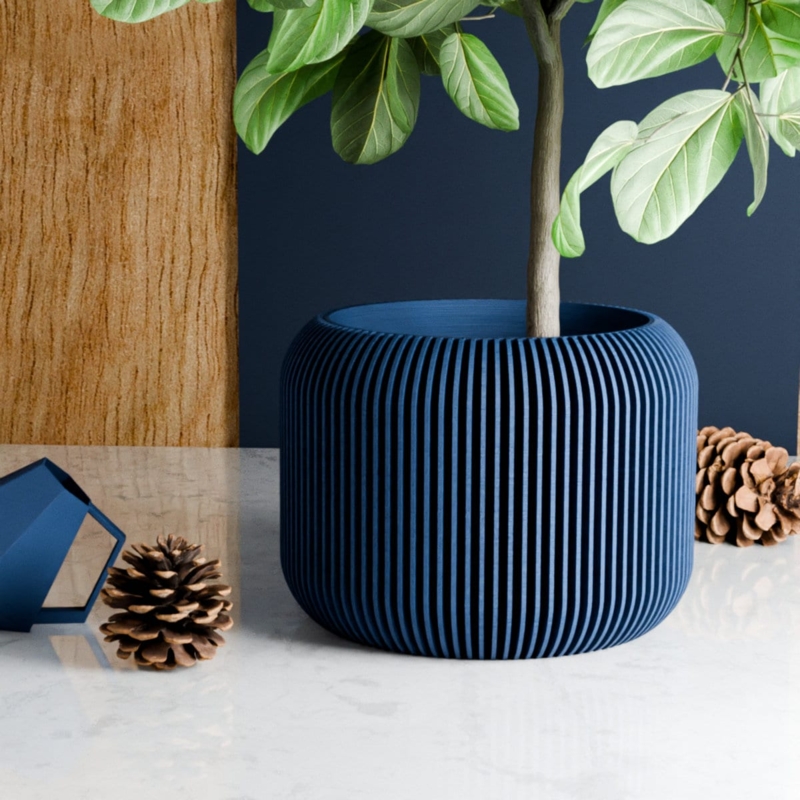 Planter 3D Printed Texture Navy Blue Tapered with Saucer