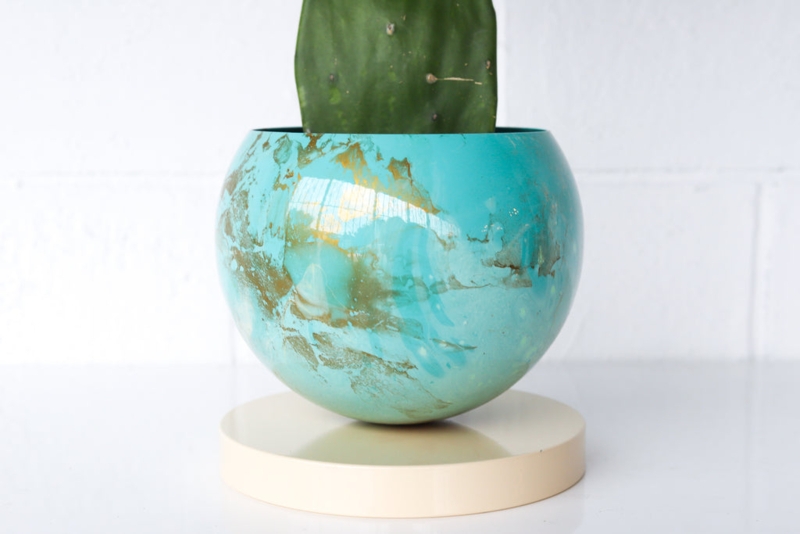 Planter, Artistic Marbled Aqua Gold Veining Cream Pedestal Base