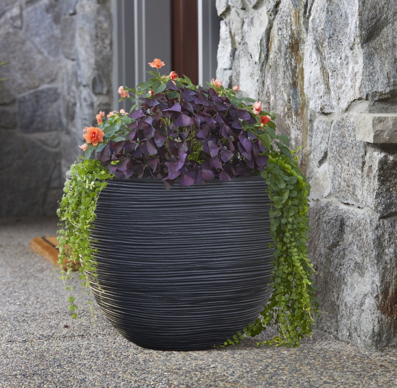 Planter Blackwash Ribbed Resin, Distressed Garden Pot