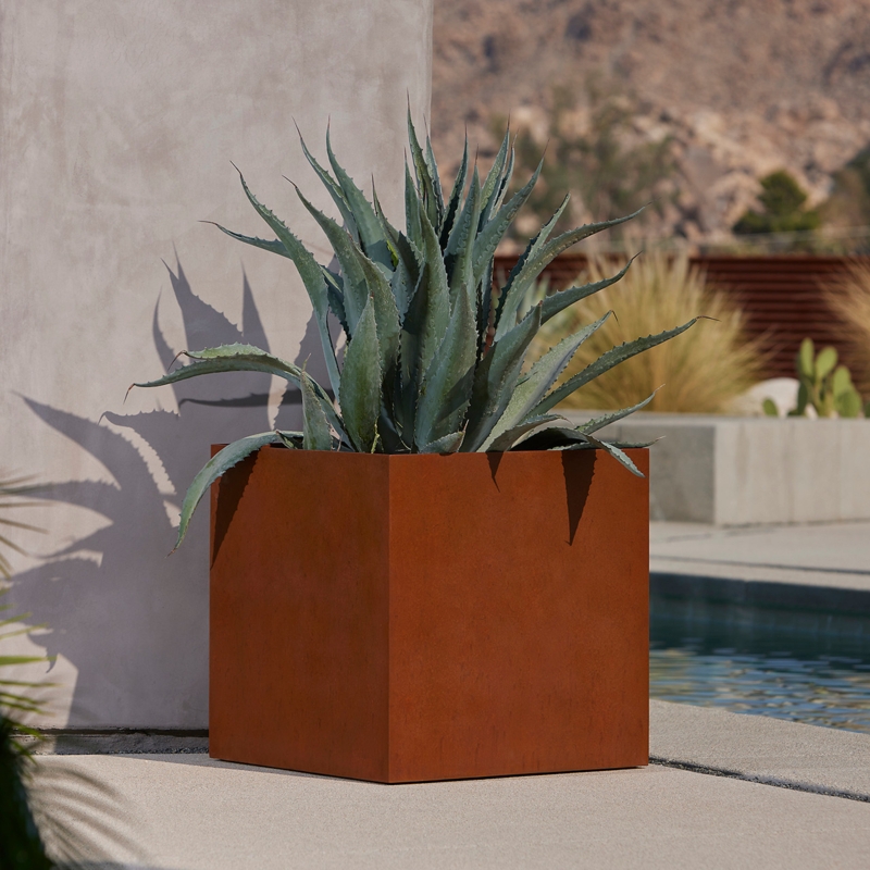 Planter Box Cube Shape Weathered Patina Rust Metal Square Silhouette