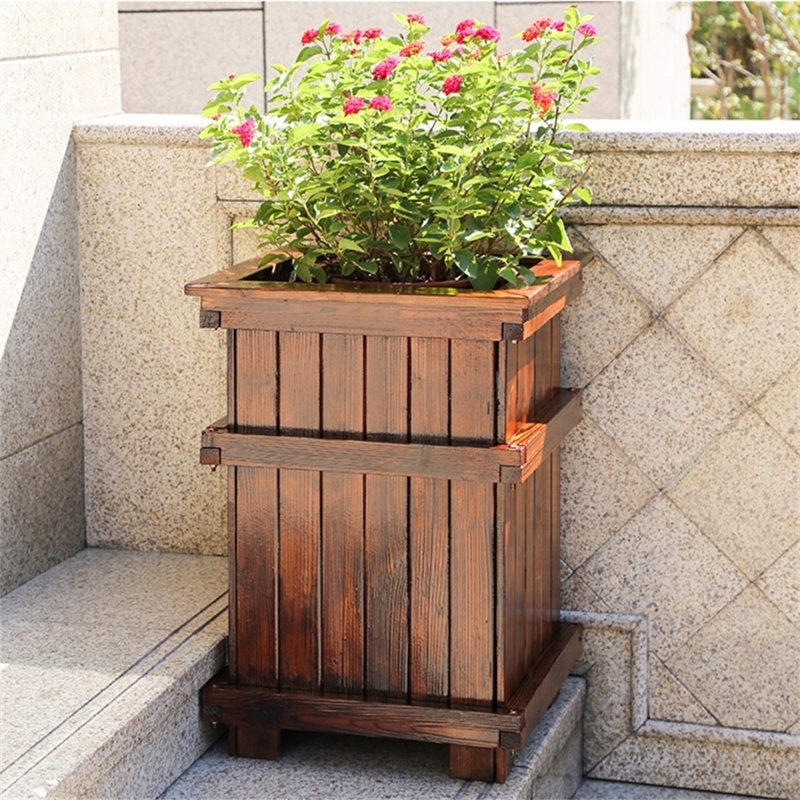 Planter Box Dark Brown Stained Tall Profile Rectangular Herb Garden