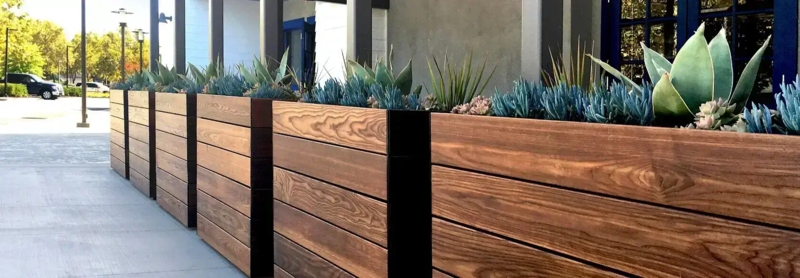 Planter Box Metal Corners Horizontal Slats Honey Brown Industrial Wood