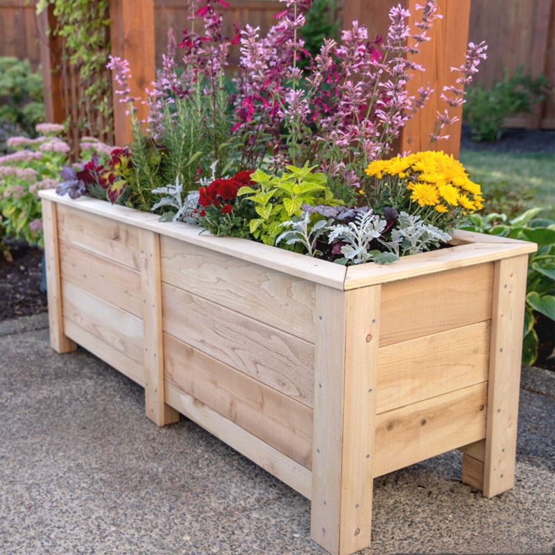 Planter Box, Natural Wood Slatted Design with Corner Post Caps
