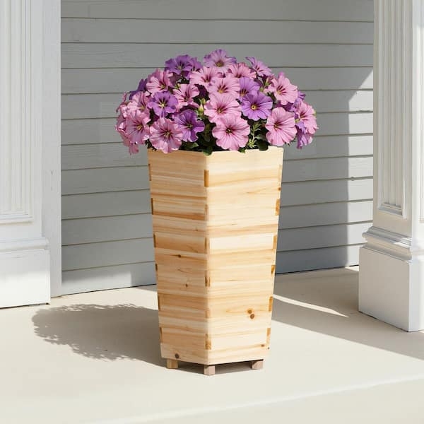Planter Box, Vertical Slats, Tapered Silhouette, Natural Wood Finish