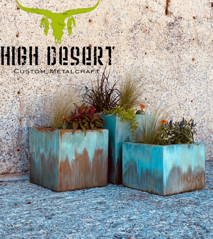 Planter Box, Weathered Turquoise Patina Metal Rectangular Form