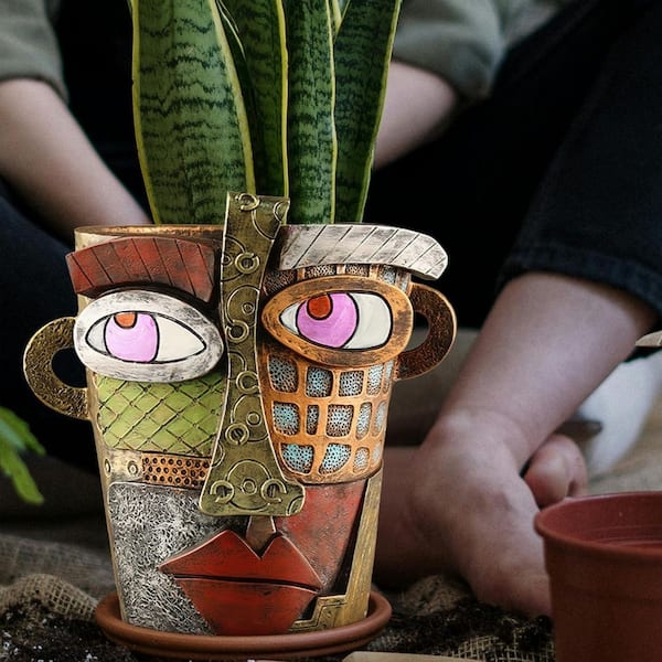 Planter Brown Textured Abstract Face Head Shaped Whimsical Decor