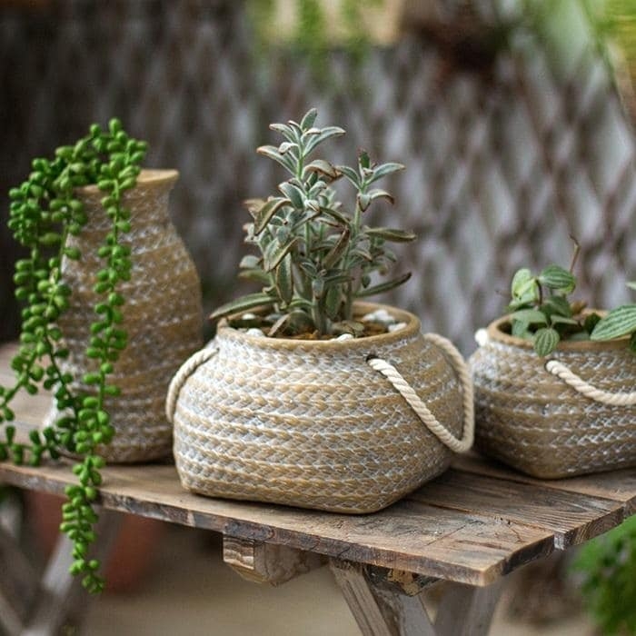 Planter, Ceramic Bag Shape with Rope Handles & Texture (56)