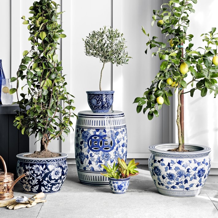 Planter Ceramic Blue and White Botanical Pattern
