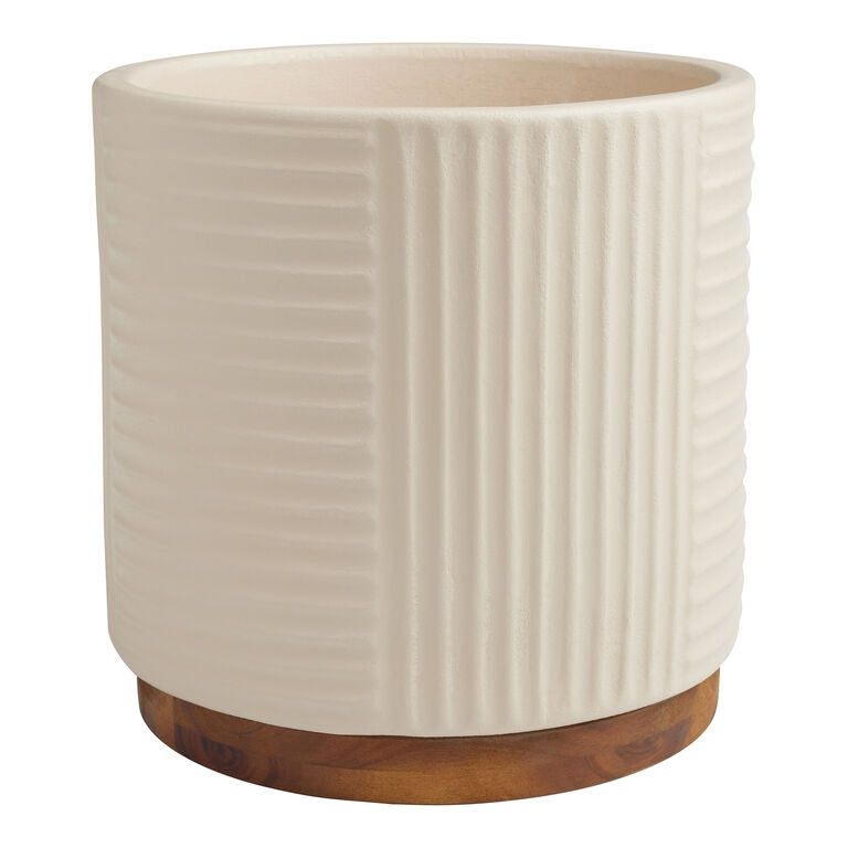Planter Ceramic Pot with Wood Base Ribbed Texture Mid-Century Modern
