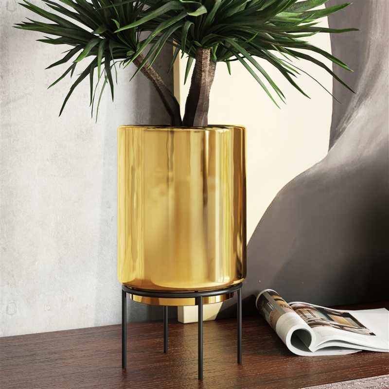Planter Ceramic Ribbed Texture with Wood Tripod Stand