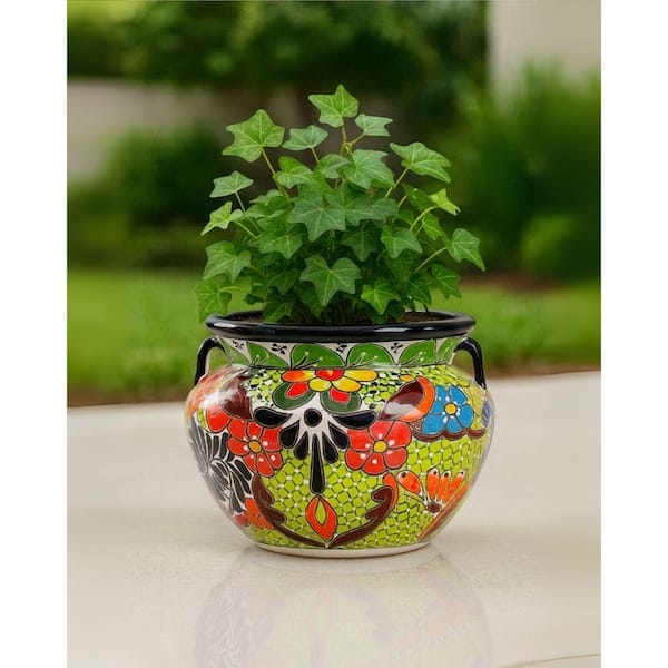 Planter, Ceramic with Talavera Style Floral Pattern