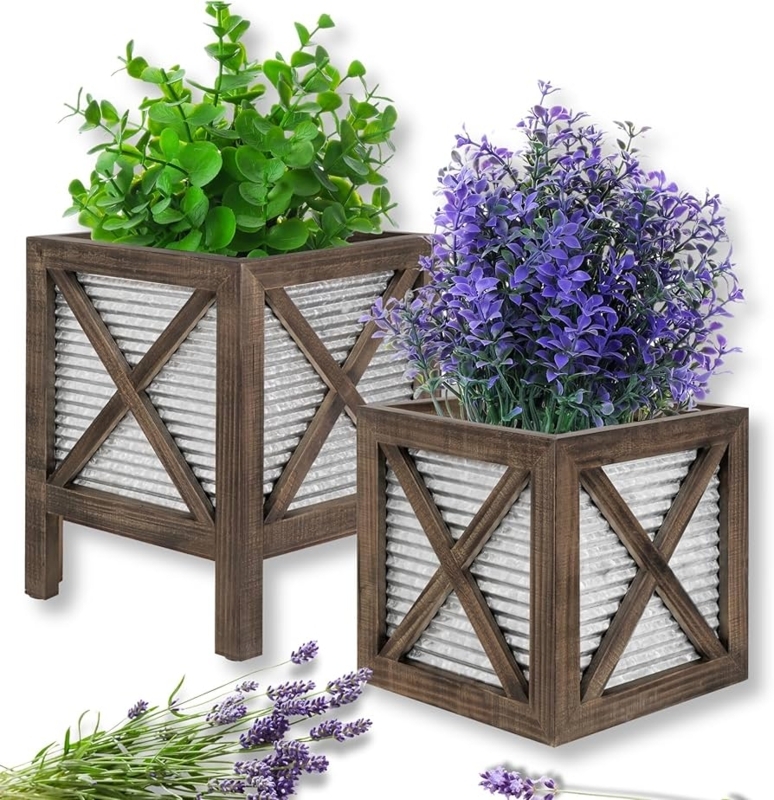 Planter Corrugated Metal Square Galvanized Set Rustic Farmhouse