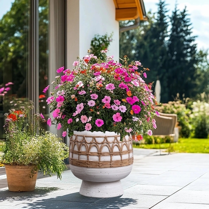 Planter Cylindrical Stone-Like Composite with Tribal Geometric Rim