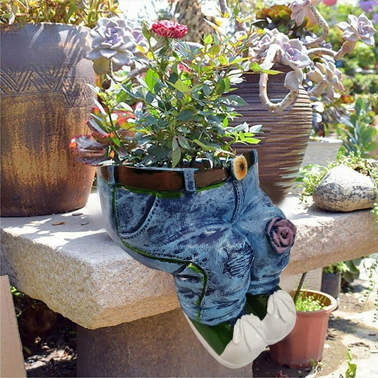 Planter, Denim Texture, Distressed Finish, Anthropomorphic Shape, Quirky