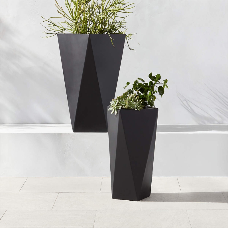 Planter Faceted Cement Tapered Black Matte Geometric Outdoor Garden Pots