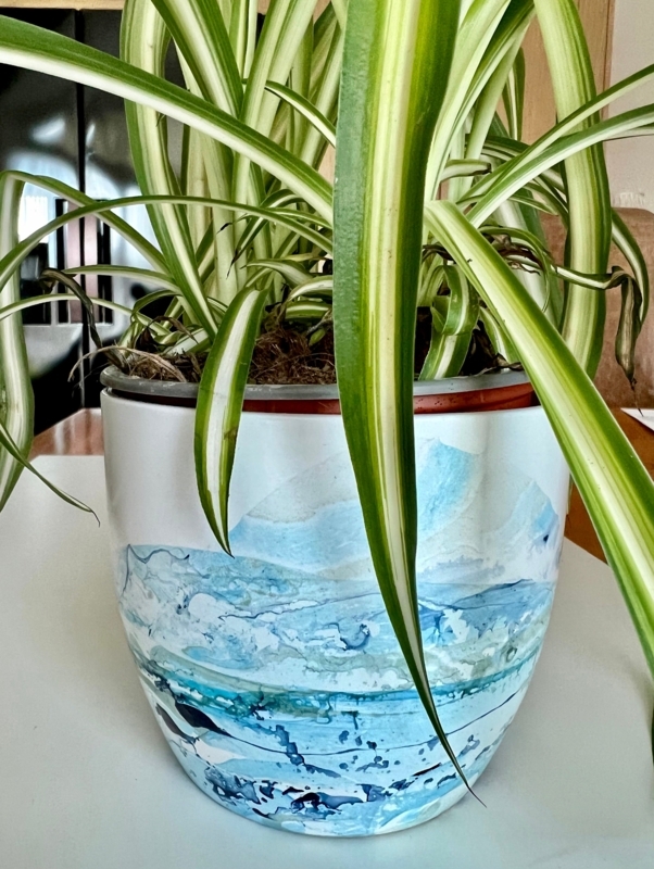 Planter Glossy Ceramic Hand Painted Detail Wave Pattern Blue