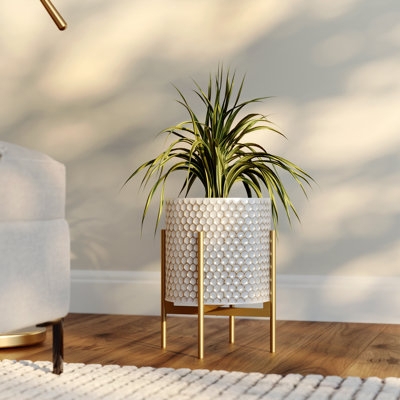 Planter Hammered Gold Cylindrical Bowl on Metal Tripod Stand