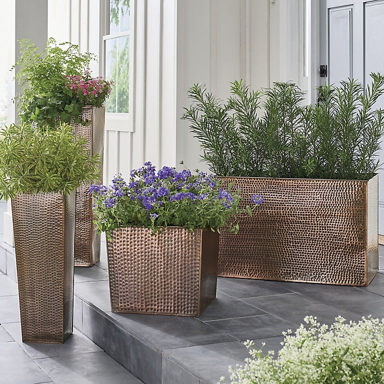 Planter Hammered Texture Stainless Steel Tapered Floor Pot Rolled Rim