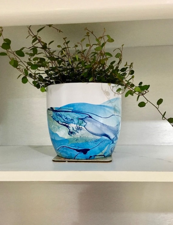 Planter Hand Painted Wave Pattern Glossy White Ceramic Pot