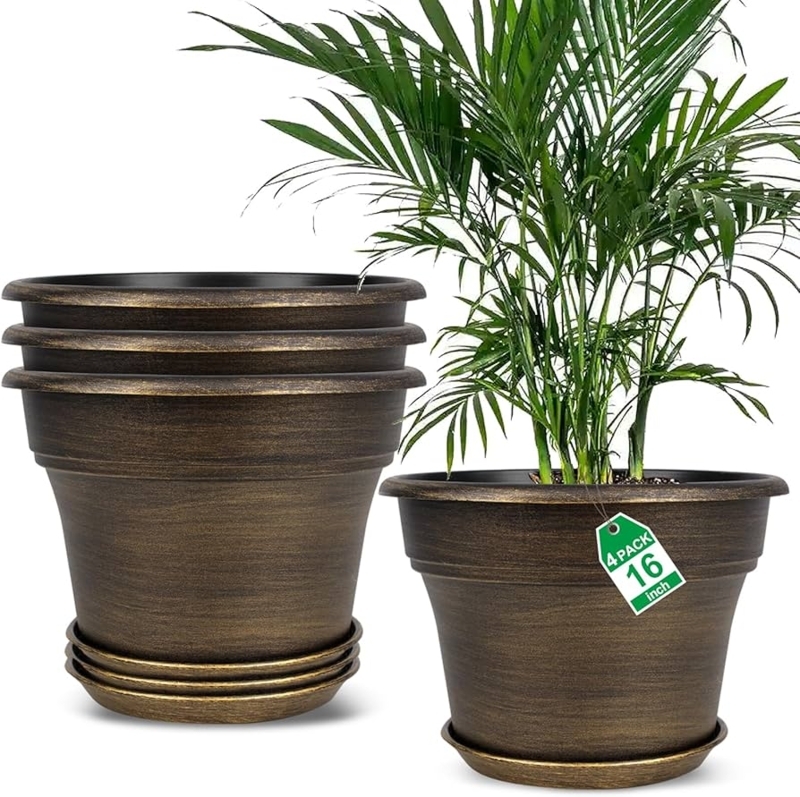 Planter Integrated Tray System Matte Black Square Tapered Modern Resin Set
