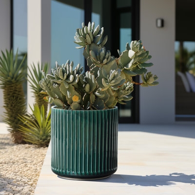 Planter Jade Green Vertical Ribbing Satin Glaze Mid Century Modern Round