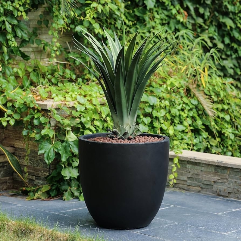 Planter Large Round Concrete Like, Smooth Matte Black Pot