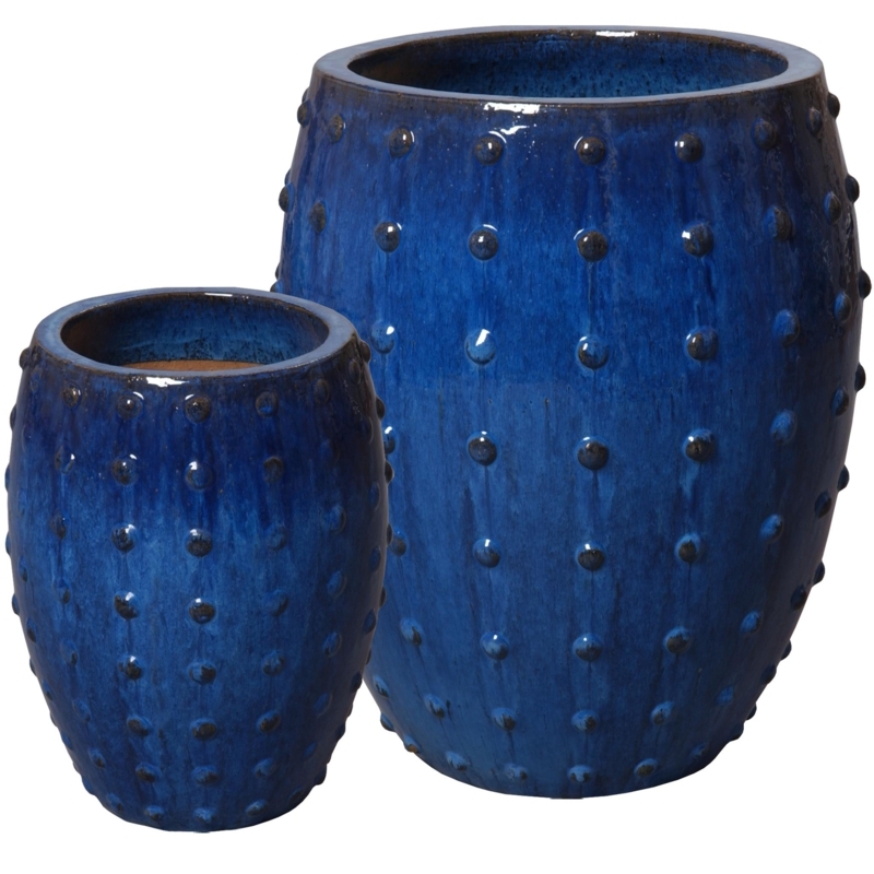 Planter Light Blue Studded Texture Matte Cylinder