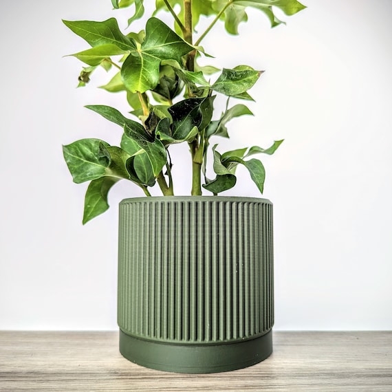 Planter: Matte Olive Green Pot with Distinctive Fin Ridges