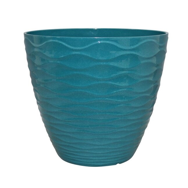 Planter, Matte Teal Resin Horizontal Ribbed Texture Garden Pot