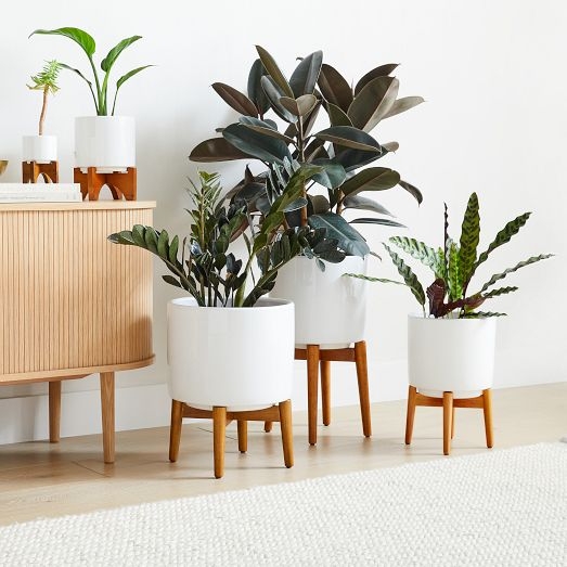 Planter Matte White Ceramic Tapered Wood Legs Mid-Century Style