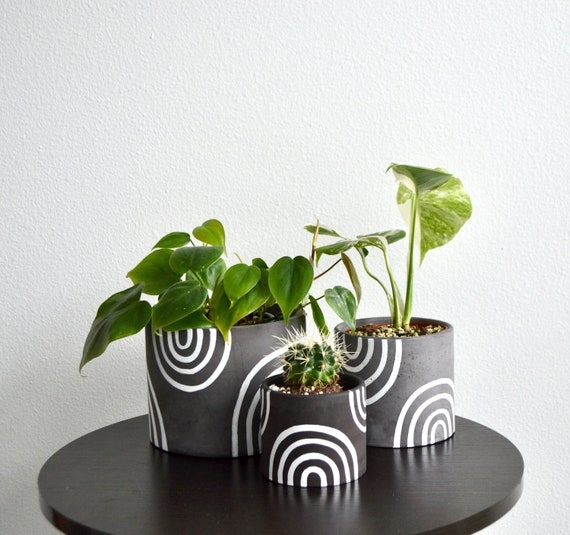 Planter Matte White Charcoal Rainbow Motif Hand Painted Scandinavian