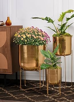 Planter Mid-Century Modern Gold Cylinder with Black Metal Stand