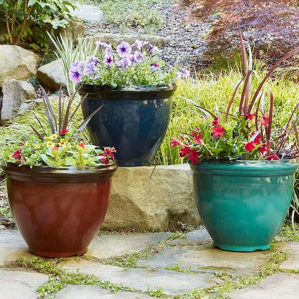Planter Monaco Blue Resin Ribbed Texture Weathered