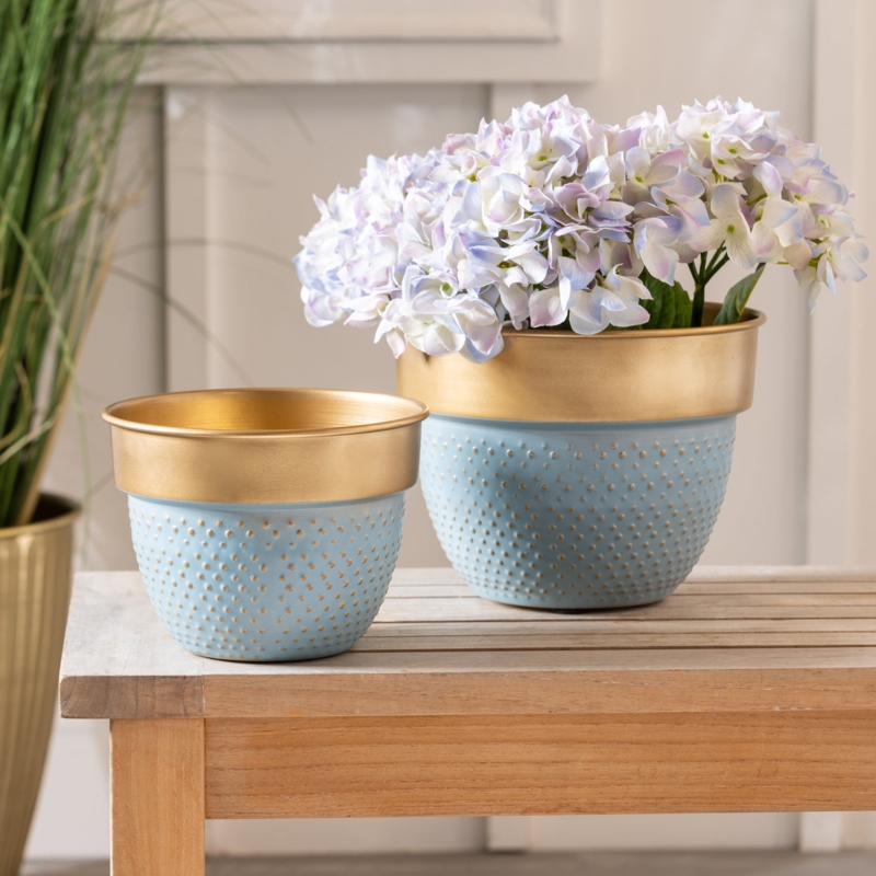 Planter Nested Pair Raised Dot Texture Teal Metal Pots