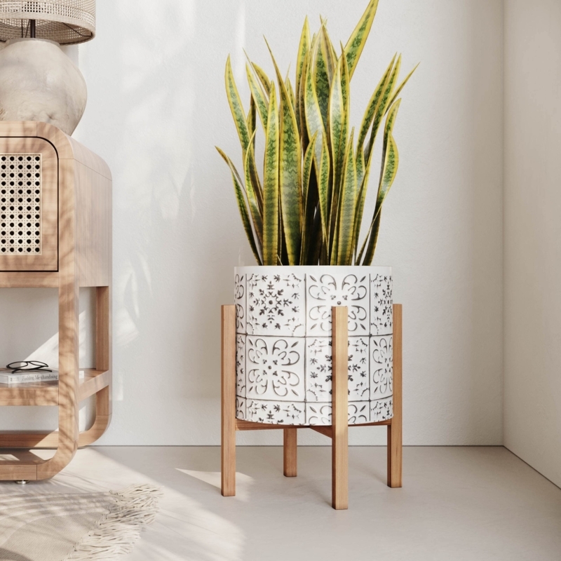 Planter on Wood Tripod Stand featuring Hand-Drawn Irregular Stripes