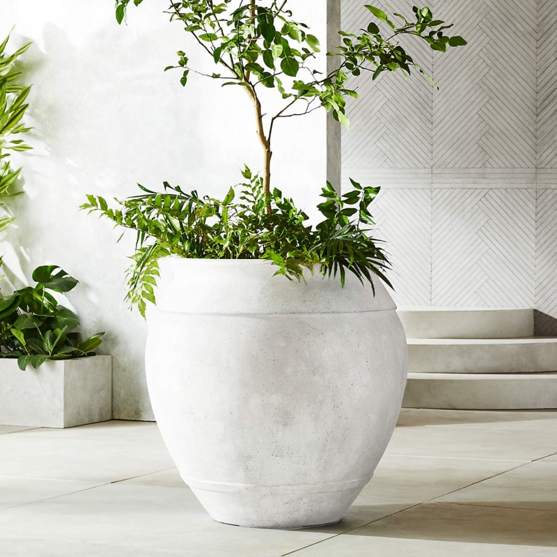 Planter Oversized Bulbous Silhouette White Resin Minimalist Floor Pot
