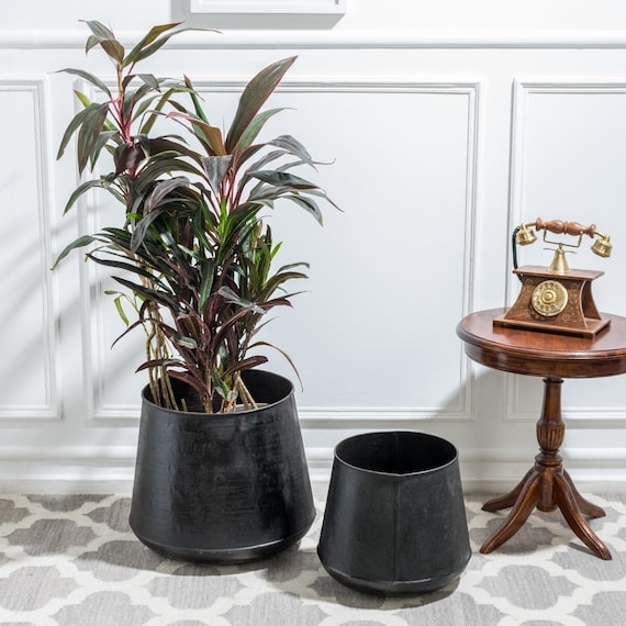 Planter Oversized Scale Matte Black Metal Cylindrical Silhouette Floor