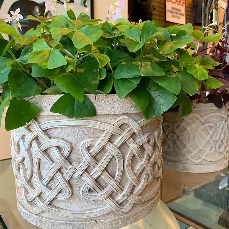 Planter Pair, Celtic Knotwork Carving with Stone-Like Finish