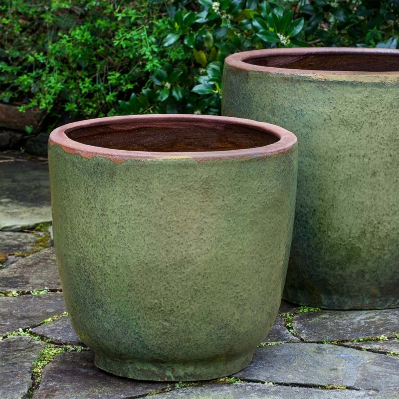Planter Pair: Rustic Green Glazed Terracotta Urns with Handles