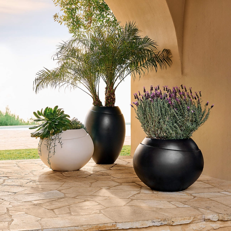 Planter Pitted Texture Matte Black Finish Oversized Round Brutalist